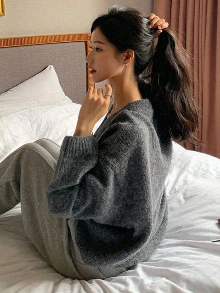 Solid Batwing Sleeve Oversized Sweater,Long Sleeve Tops,Fall Clothes