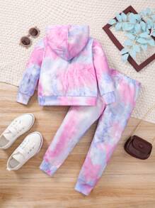 SHEIN 年輕女孩紮染字母圖案連帽衫和運動褲 - 彩色 - 查看 2