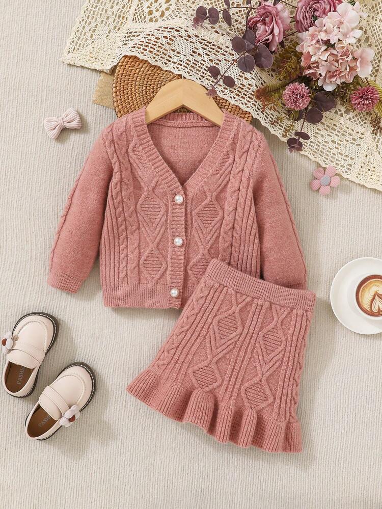 Baby Girl Cable Knit Cardigan & Ruffle Hem Knit Skirt