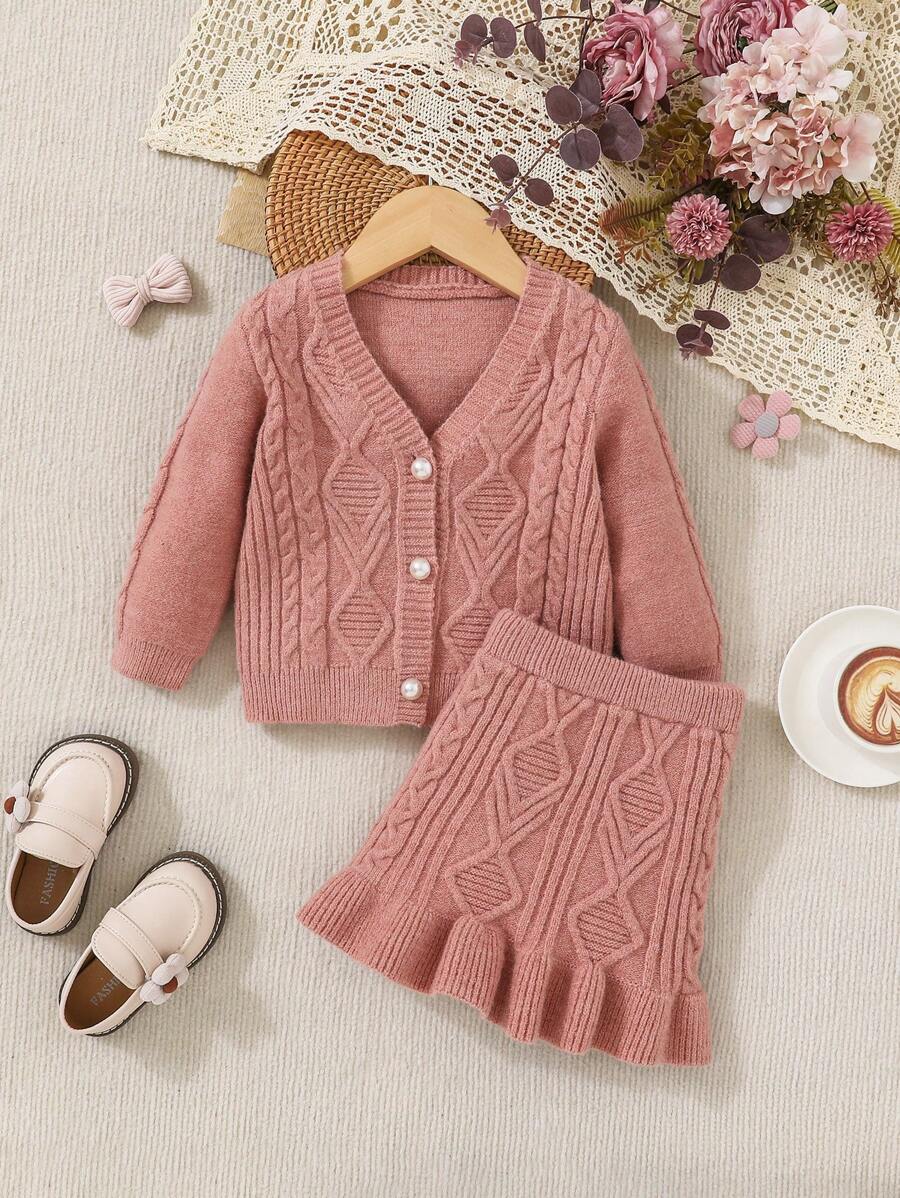 SHEIN Baby Girl Cable Knit Cardigan & Ruffle Hem Knit Skirt - Pink - View 1