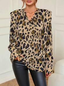 SHEIN Privé Allover Print Notched Neckline Flounce Sleeve Blouse - Multicolor - View 4