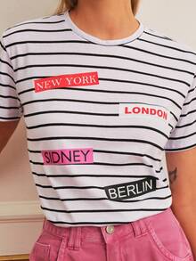 Shein女士短袖條紋t恤印花款 - 黑與白 - 查看 5