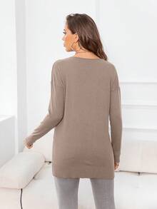 DEARCASE V Neck Split Hem Sweater,Long Sleeve Tops - Khaki - View 2
