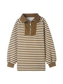 Girls Striped Drop Shoulder Zip Up Sweatshirt - Coffee Brown - View 3