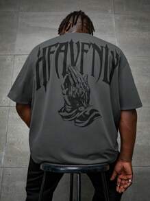 EASEVO 男士加大码休闲哥特式字母和手图案短袖T恤，适合外出、夏季、emo - 灰色 - 查看 1