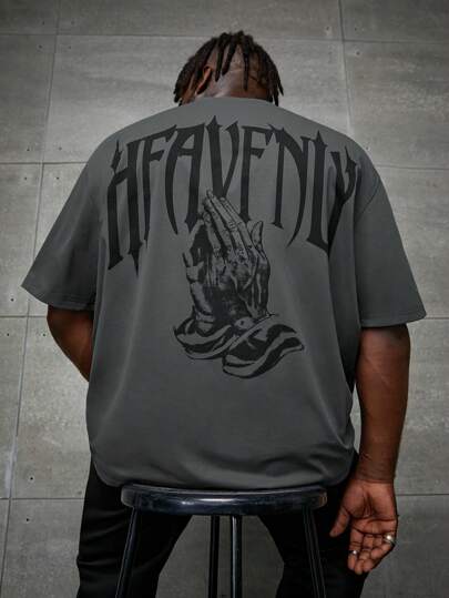 EASEVO Men Plus Size Casual Gothic Letter & Hand Graphic Short Sleeve Tee, For Going Out, Summer, Emo