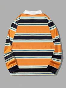 Manfinity Sporsity Camisa polo de manga larga con bloques de color, rayas y gráfico de letra para hombres, para salir, academia