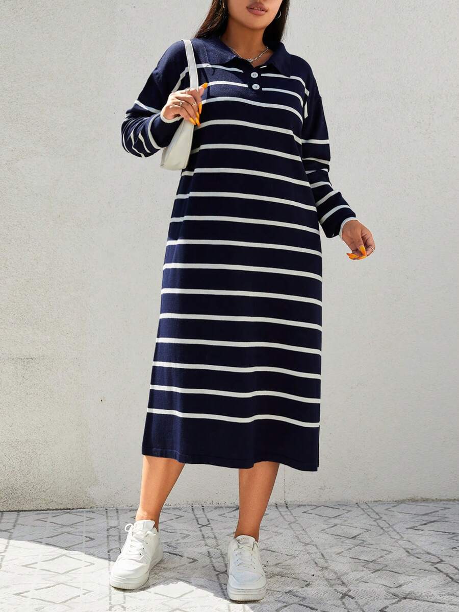 EURMUSE Plus Striped Pattern Drop Shoulder Polo Neck Sweater Dress, For Winter - Navy Blue - View 1