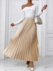 SHEIN Privé Solid Pleated Skirt - Khaki - View 1