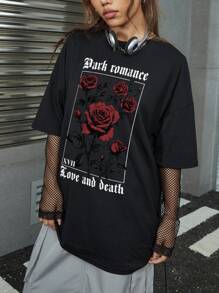 ROMWE Goth 情人节哥特式超大 T 恤，印有大玫瑰图案，黑暗浪漫第十七章爱与死亡，校园，男女通用 - 黑色 - 查看 3