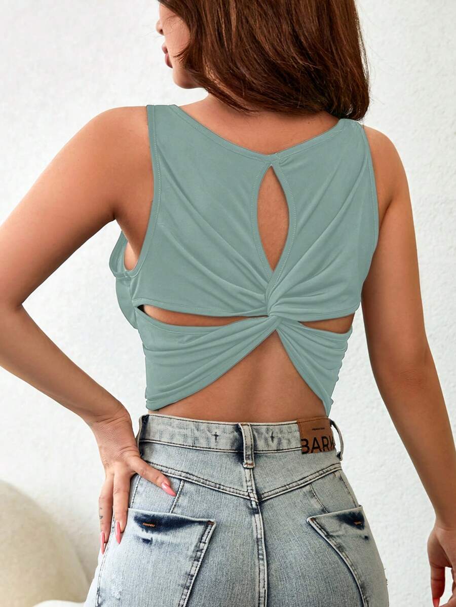 EURMUSE Twist Back Cut Out Tank Top - Green - View 1