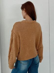 DAZY Áo len thả vai dệt kim cáp, Quần áo mùa thu - Màu vàng - Xem 2