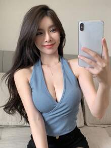 DAZY Solid Ribbed Halter Top Going Out Tops Tank Tops - Blue - View 1