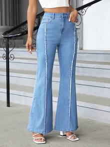 SHEIN Essnce Raw Trim Flare Leg Jeans - Light Wash - View 6