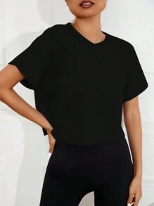 Easithlete 纯色插肩袖短款运动 T 恤健身上衣修身衬衫运动背心 - 黑色 - 查看 2