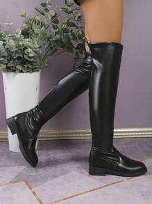 秋冬過膝PU皮靴女低跟彈力學生流行黑色平底靴