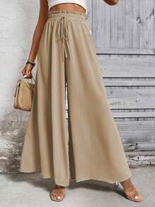 SHEIN LUNE Khaki Wide-Leg Casual Pants With Bow Tie At Waist Fall Cloth For Women - Apricot - View 4