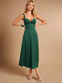 SHEIN Belle 纯色褶饰紧身胸衣吊带伴娘优雅连衣裙