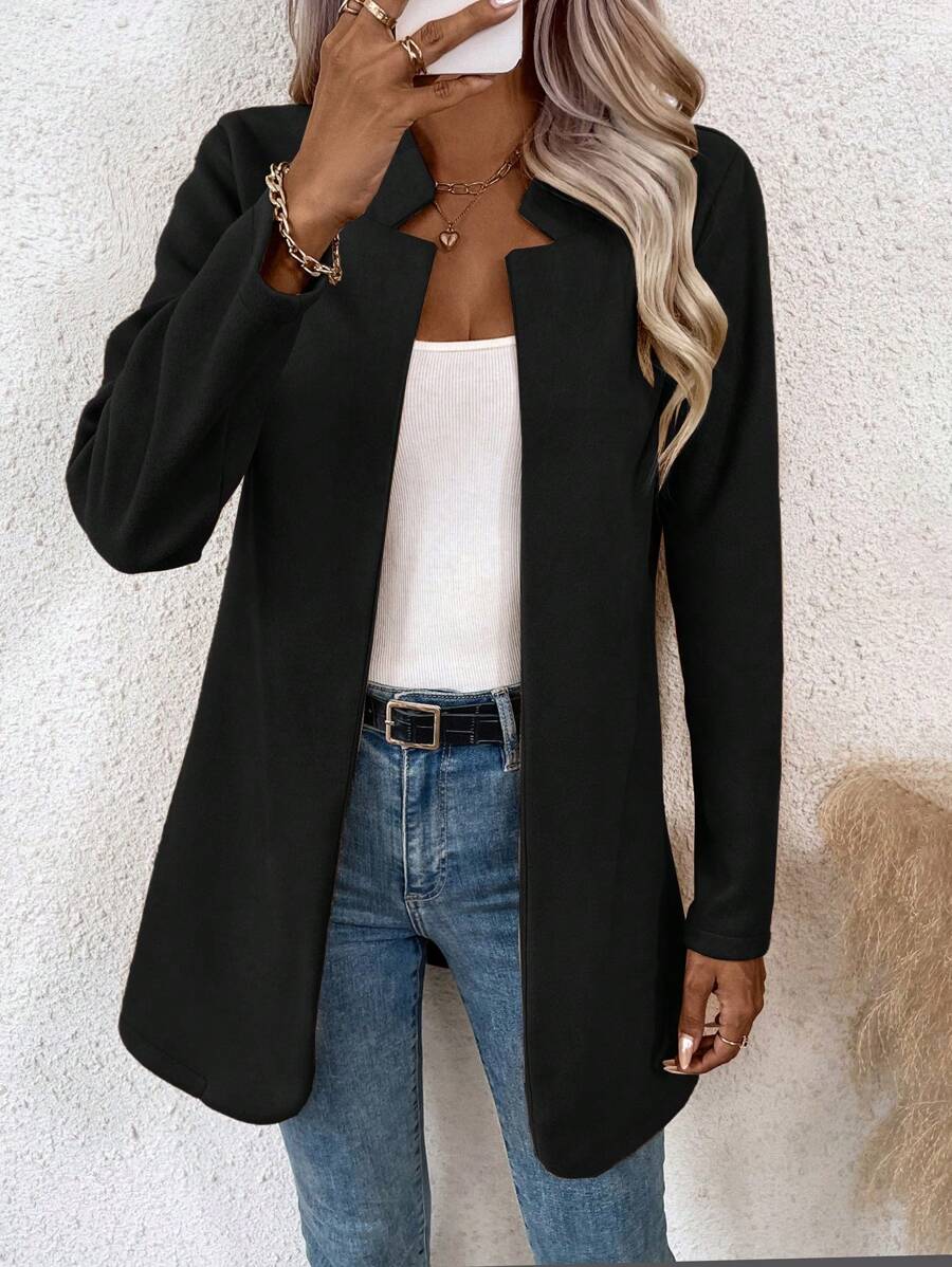 SHEIN LUNE Notched Neck Open Front Overcoat - Black - View 1