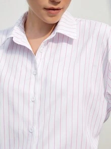 BizChic Striped Print Drop Shoulder Shirt - Pink - View 6