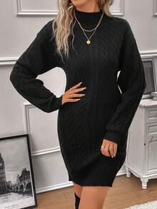SHEIN LUNE Mock Neck Drop Shoulder Cable Knit Sweater Dress - Black - View 5