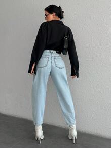 RueChic High Waist Mom Fit Jeans - Blue - View 2