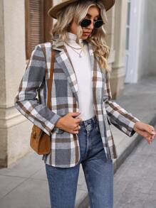 SHEIN LUNE Áo blazer cổ có họa tiết kẻ sọc - Xám - Xem 6