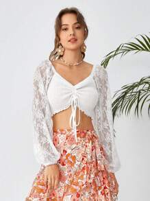 SHEIN WYWH Contrast Lace Drawstring Front Top