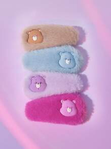 SHEIN X Care Bears 4pcs/Pack 3D Bear Plush Hair Clips, Cute Gifts ,Plush Hair Barrettes