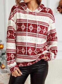 SHEIN LUNE Christmas Print Drop Shoulder Drawstring Hoodie - Red and White - View 7