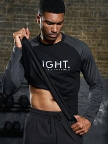 Men Letter Graphic Raglan Sleeve Sports Tee Workout Tops - Black - View 3