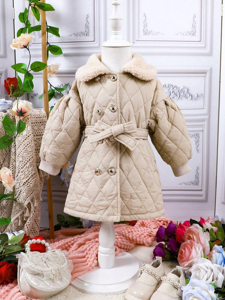 Baby Girl Solid Double Breasted Contrast Collar Belted Padded Coat