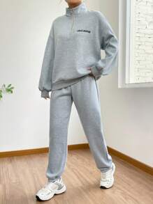 Muchica Letter Graphic Half Zip Drop Shoulder Sweatshirt & Sweatpants - Light Grey - View 1