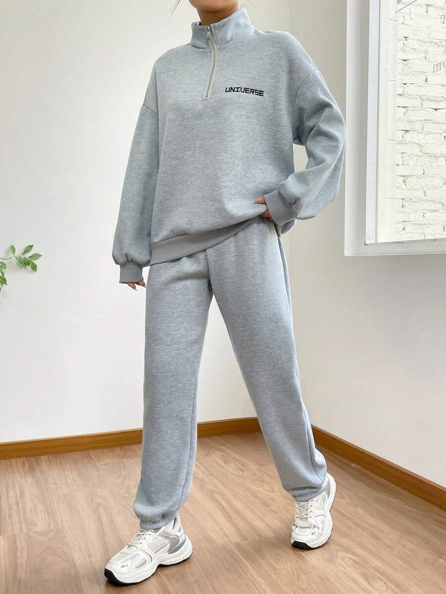 Muchica Letter Graphic Half Zip Drop Shoulder Sweatshirt & Sweatpants - Light Grey - View 1