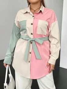 SHEIN EZwear 大碼撞色落肩袖腰帶襯衫 - 彩色 - 查看 6