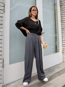 DAZY High Waist Fold Pleated Trousers - Dark Grey - View 5