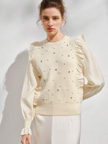 Anewsta Top con mangas con volantes y ribete de volantes con cuentas de perlas