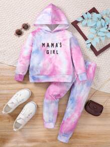 SHEIN 年輕女孩紮染字母圖案連帽衫和運動褲 - 彩色 - 查看 1