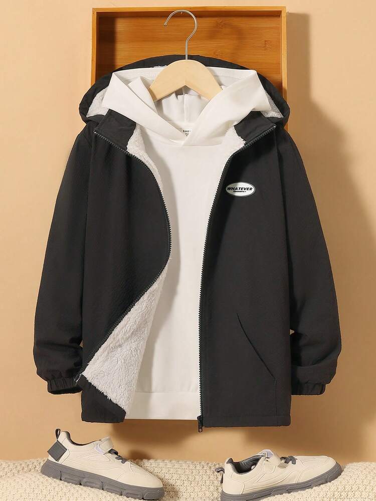 Tween Boy Cartoon Graphic 3D Ears Design Hooded Thermal Lined Coat