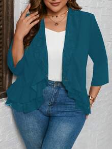 SHEIN LUNE Plus Tương phản ren Ruffle Trim mở phía trước Blazer - Màu xanh ngọc - Xem 6