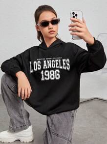 少女字母图案落肩卫衣 - 黑色 - 查看 1