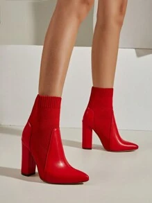 Ladies' Fashionable Red Knitting Elasticity Splicing Chunky Heel High-heel Booties - Red - View 3