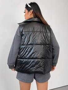 Flirla Plus Zip Up Puffer Vest Coat - Black - View 2