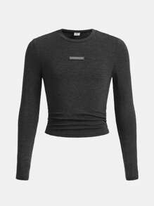 Tween Girl Solid Metal Patched Ruched Side Crop Tee - Dark Grey - View 1