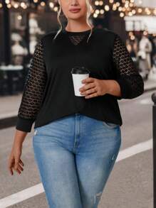 SHEIN LUNE Plus Contrast Lace Sleeve Top - Black - View 6