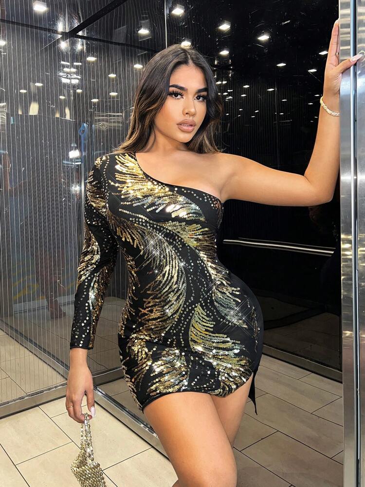 One Shoulder Split Hem Sequin Bodycon Dress
