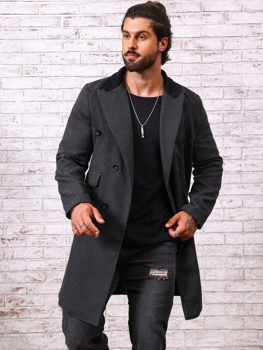 Manfinity Homme Men Lapel Neck Double Breasted Overcoat - Dark Grey - View 1