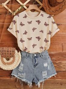 INAWLY All Over Butterfly Print Tee Graphic Tees Women Tops - Khaki - View 1