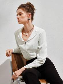 Chiquease Lapel Neck Zip Up Crop Jacket - Beige - View 4