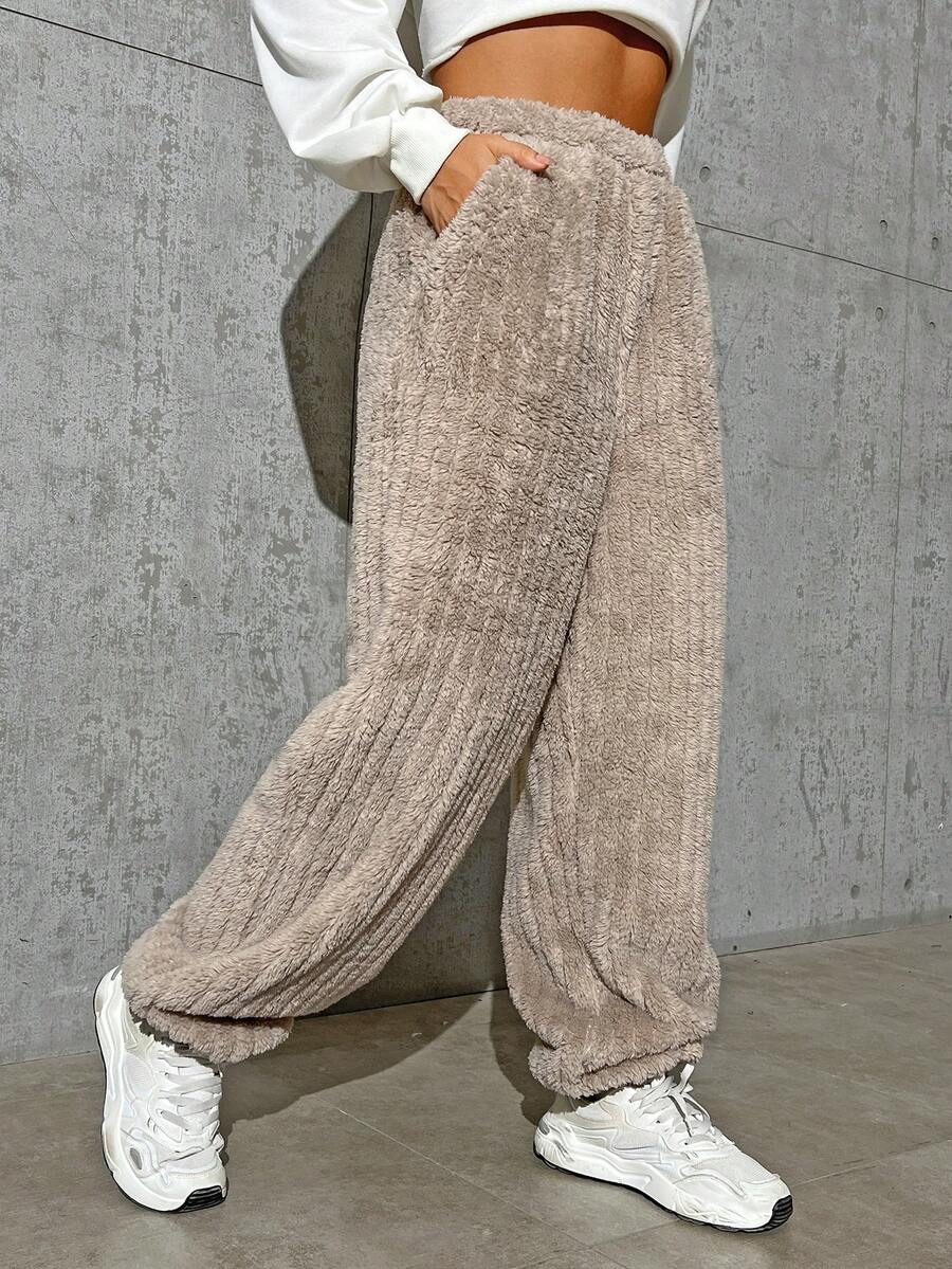 SHEIN EZwear 素色斜口袋絨毛長褲 - 卡其色 - 查看 1